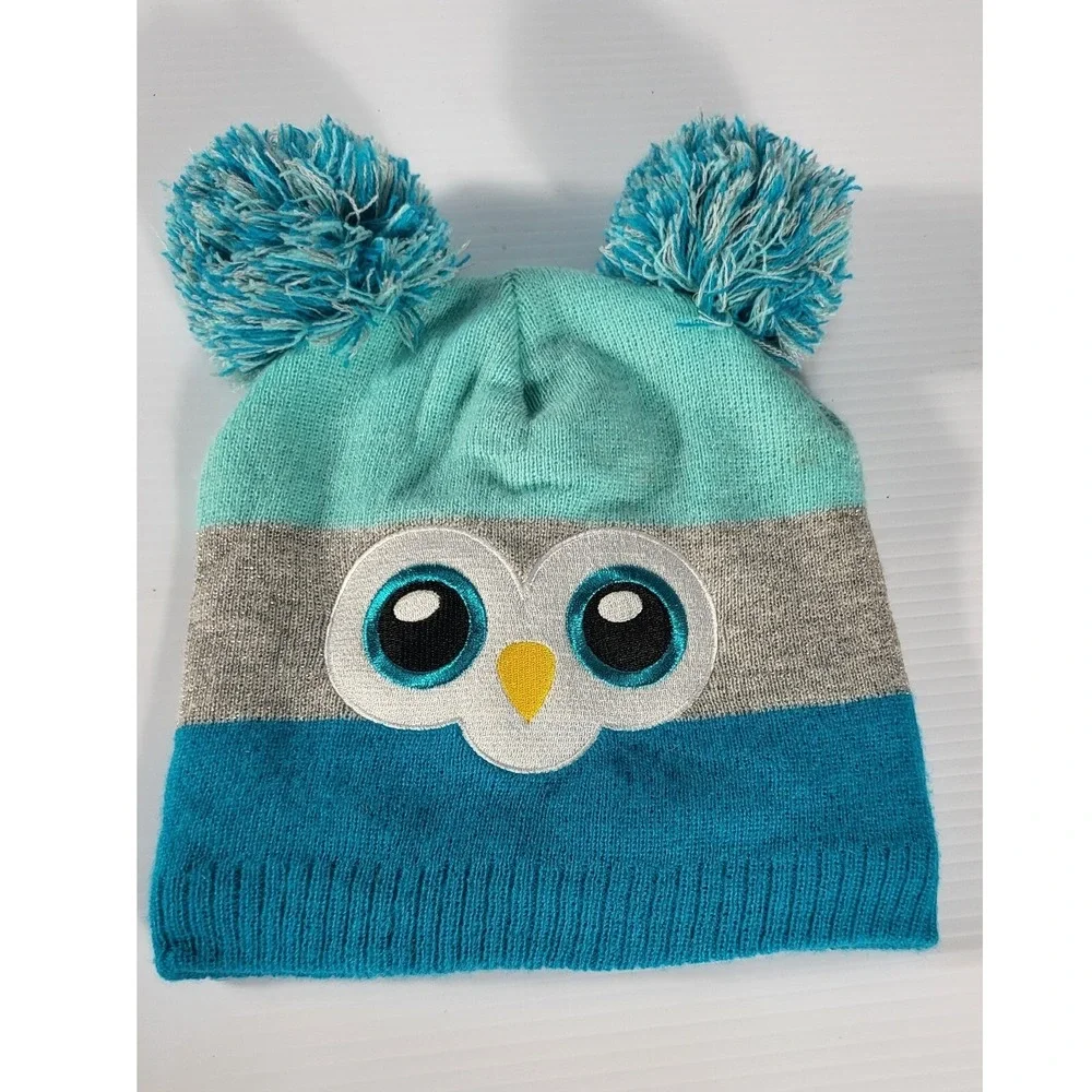 Owl Pom Pom Beanie Hat Winter Knit Warm Fleece Lined OSFM